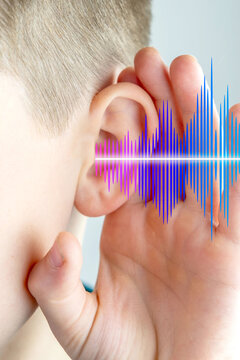 Close-up mature caucasian small childs ear, sound wave, Hearing Test, ringing or buzzing sensation, Auditory impairment, organ receiving information and sound, use hearing aids, acoustic trauma