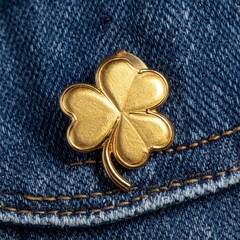 Golden Shamrock Lapel Pin on Denim Fabric Background Closeup