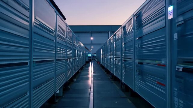 Storage facility corridor with blue metal containers illuminated by overhead lights, showcasing a clear pathway leading to the exit at dusk
