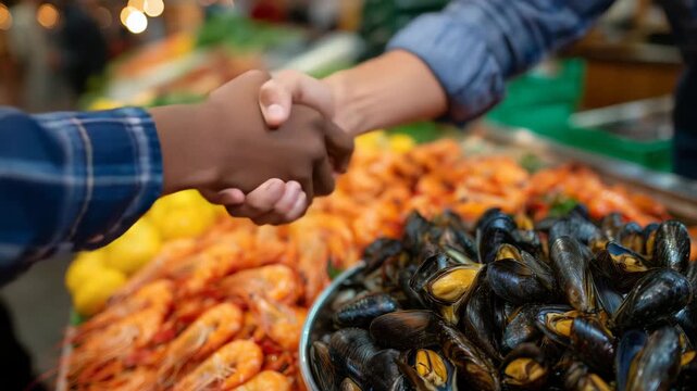 175Handshake above a colorful seafood display at a fish market, fresh fish, mussels and shrimp visible, trust and agreement in food trade