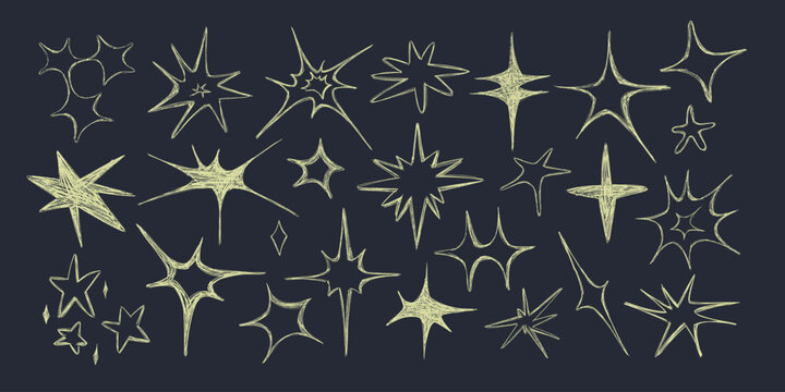 Yellow crayon texture stars and sparkles set. Sketch style set