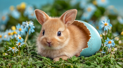 Fototapeta premium Cute baby rabbit inside broken easter egg in spring flowers