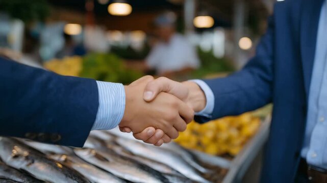 178Business handshake at a fresh fish market stall, premium seafood laid out below, natural light, small business and supply chain concept