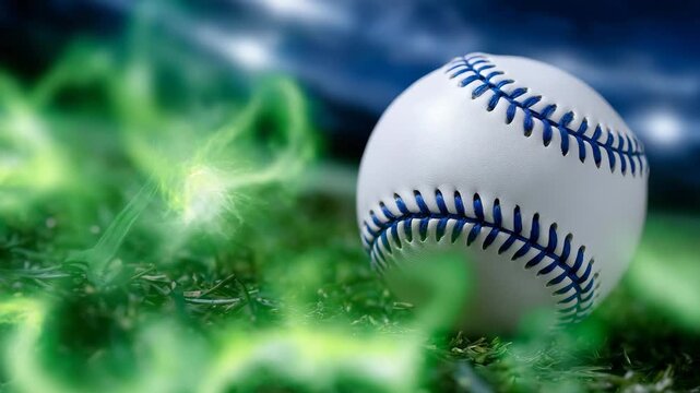 179Close-up of baseball in swirling green smoke, motion blur and dynamic abstract energy patterns, dramatic competitive sports visualization