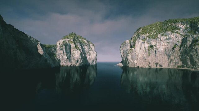 aerial perspective showing cliffs and inlet, vast scale with textured limestone faces, glassy water reflections, dronefriendly panorama for editorial use