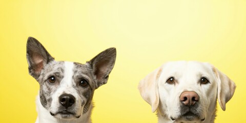 Obraz premium Dogs look directly at the camera against a solid background. Mixed breed and labrador dogs show their heads against yellow. Portraits of two dogs are centered against a vivid yellow wall.