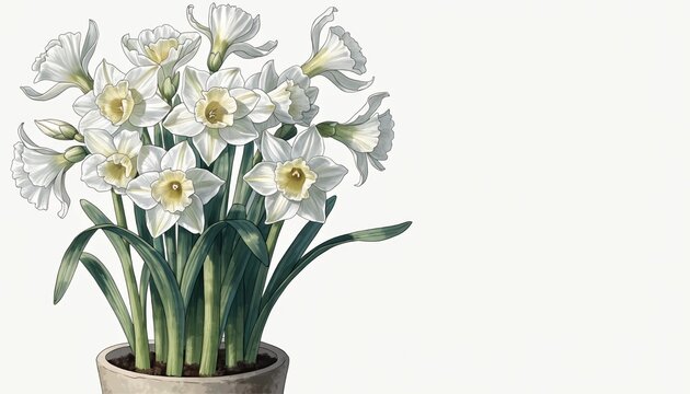 White Paperwhite narcissus in pot a light background, illustration, copy space   