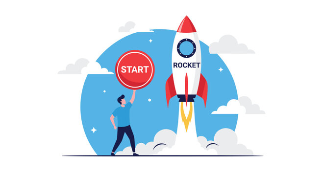 Determined businessman pressing a start button to launch a space rocket symbolizing the beginning of a new business project.