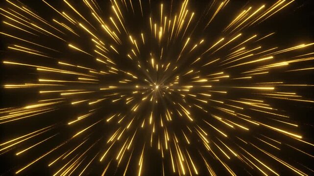Abstract golden light streaks bursting from center on black background,  motion