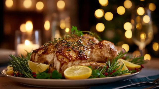 215Festive close-up of succulent turkey on table, citrus wedges and herbs arranged around, soft warm firelight casting inviting reflections