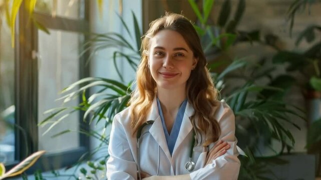A young doctor with a kind smile, wearing a light-coloured coat and stethoscope, stands against a green background, creating an atmosphere of trust for medical articles or clinic advertisements as the