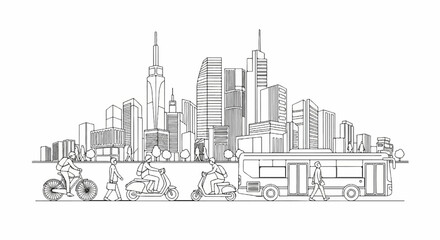 Fototapeta premium City skyline with diverse transportation options and pedestrians depicted