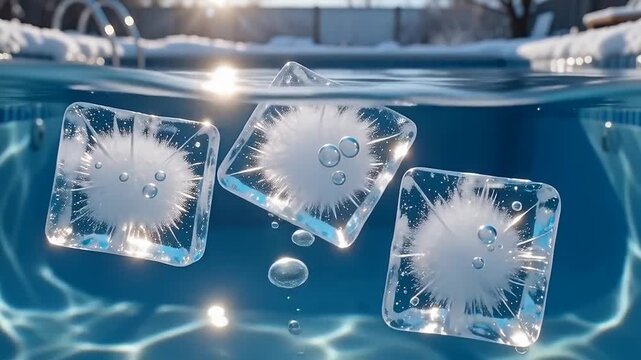 Three ice cubes with bubbles floating in clear pool water, illuminated by sunlight reflecting off the surface, creating a serene atmosphere