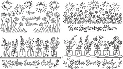 Black and white line of flowers in jars fireworks and inspirational text Coloring Book page Bundle
