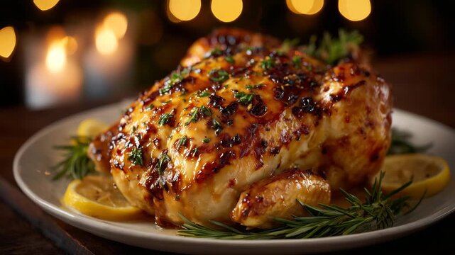 221Macro detail of holiday roasted turkey, garnished with fresh herbs and citrus slices, soft warm firelight highlighting glistening skin and juices