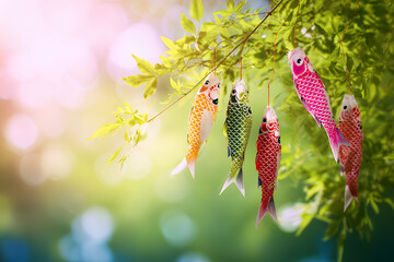 新緑の隙間から差し込む柔らかな光と色鮮やかなミニこいのぼりが揺れる幻想的な春の風景