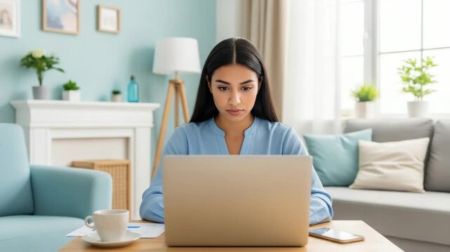 Focused work from home: A young woman intently focused on her laptop, capturing the essence of modern work-life balance and remote productivity.