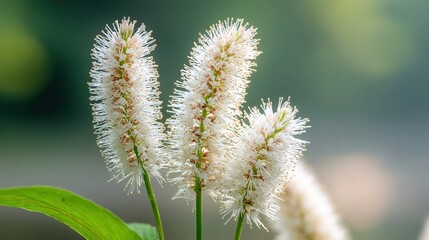 Obraz premium Beautiful psyllium herb plant close-up, slender flower spikes swaying in golden soft light, botanical illustration mixed with photorealism, shallow depth of field, vibrant green leaves, clean backgrou