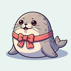 Fototapeta premium Adorable Seal Cartoon Character with Bow.