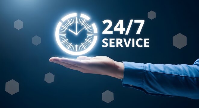 A hand holding a glowing clock symbolizing 24/7 service availability