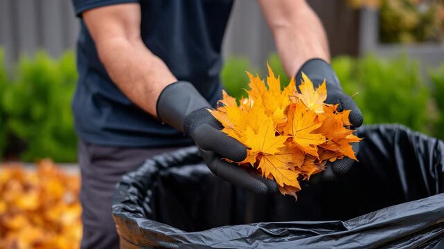 237Hands in gloves grabbing a handful of bright fall leaves, black bag ready for yard cleaning, sunlight highlighting leaf veins and textures