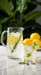 Fototapeta premium Citrus Infusion: A refreshing composition of a glass of lemonade, featuring ice, herbs, and lemon slices, complemented by a full pitcher and fresh lemons, suggesting natural refreshment.