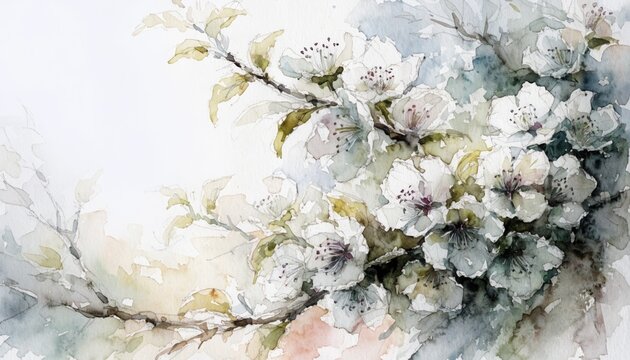 Watercolor painting of mespilus blossoms in spring setting, copy space    