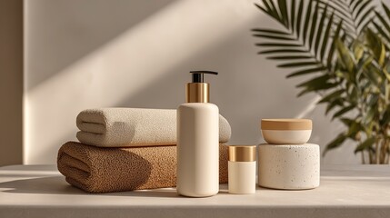 Naklejka premium Elegant skincare spa concept still life, premium beauty products, soft natural light feeling, shallow depth of field f/4.0, clean neutral background, calm healing atmosphere, commercial advertising as