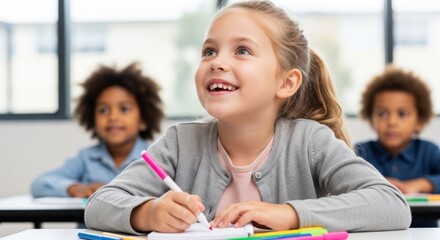 Obraz premium A Young Student's Dream: A bright-eyed girl pensively focused on her task, smiles as she dreams, in a classroom setting, showcasing youthful curiosity and imagination.
