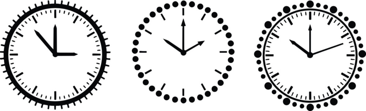 Set of three minimalist black wall clock icons featuring modern line art and circle dial designs for creative time management scheduling and contemporary graphic interface elements