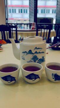 Chinese tea set, traditional chinese tea drinking, three cups and tea por