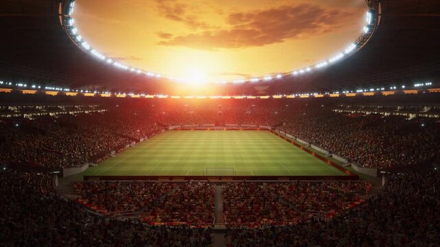Cinematic Wide Shot of a Packed Soccer Stadium at Sunset, Glowing Floodlights Framing an Oval Roof. Fans Fill the Stands as the Camera Slowly Pushes Toward the Empty Green field, Dramatic Golden Sky