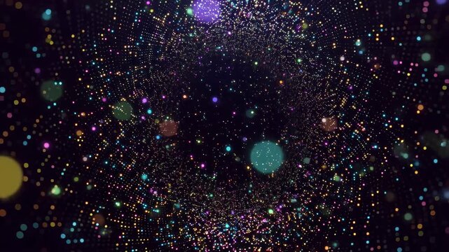 Colorful abstract particle animation creating a mesmerizing vortex effect. Ideal for backgrounds in digital art, music videos, and technology presentations