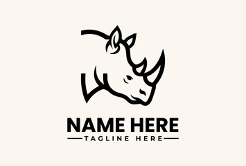 A black and white illustration of a rhinoceros head with a placeholder name and tagline on a beige background, featuring a logo, vector, illustration, icon, pictogram logo design. © vectorvovdesign