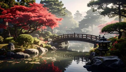 Serene Japanese Garden with Bridge and Autumn Foliage.