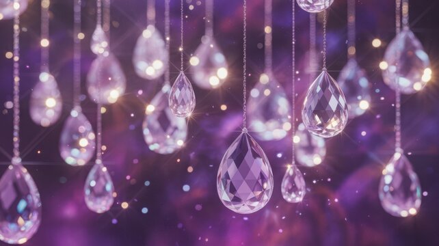 Sparkling crystal teardrops hang gracefully against a soft enchanting purple background.
