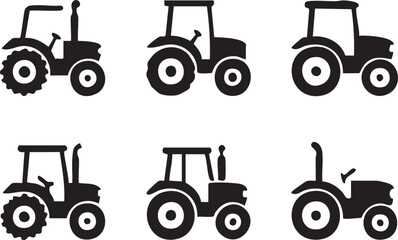 Farm Tractor Silhouettes Set - Multiple Side View Tractors Black Vector Icons Isolated on White