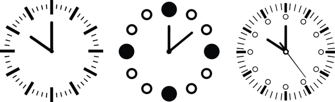 Set of three minimalist black wall clock icons featuring modern line art and circle dial designs for creative time management scheduling and contemporary graphic interface elements