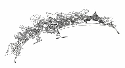 Naklejka premium Detailed line drawing of a historic coastal city with a prominent amphitheater and dome
