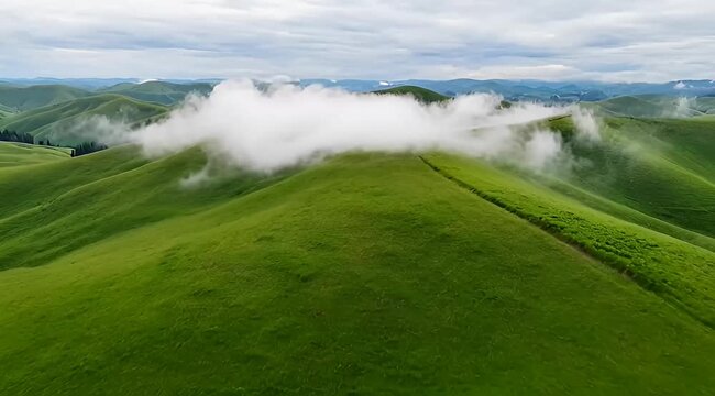 Lush green rolling hills with a cloud hovering over one of the peaks