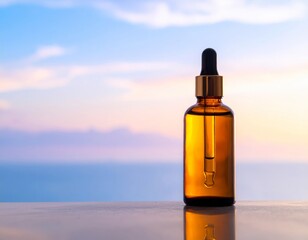 Fototapeta premium Amber Glass Bottle with Dropper Against a Blurry Sea at Sunset