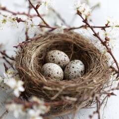Close-up of Three Speckled Bird Eggs in a Natural Straw Nest Surrounded by Blooming White Cherry Blossom Branches on a Bright Background Representing Spring Season New Life and Easter Celebration
