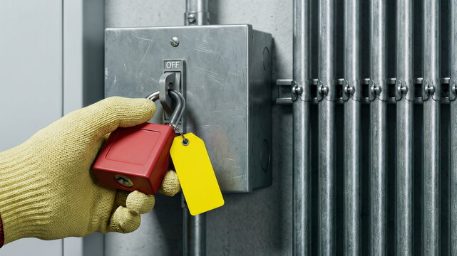 A gloved hand applies a red padlock and yellow tag to an electrical switch in the OFF position, demonstrating lockout/tagout (LOTO) for workplace safety.