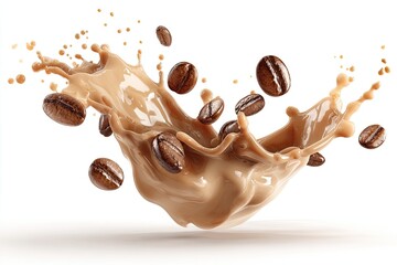 Coffee beans appear to explode from a splash of milky, creamy liquid, white background