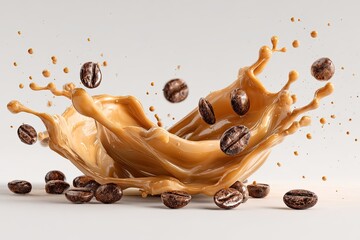 Artistic capture of coffee splash erupting outwards, with beans in mid-air