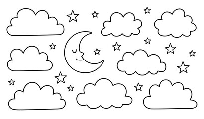 Obraz premium Naive Kids Hand Drawn Crayon Cloud Shapes Stars and Moon Vector Elements