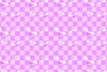Whimsical Pastel Purple Checkerboard Seamless Pattern with Dreamy Clouds, Vibrant Rainbows, Sparkling Stars, and Adorable Hearts