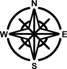 A professional black compass rose icon featuring cardinal directions north south east and west for navigation travel adventure and mapping projects on a white background