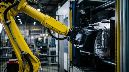 A yellow industrial robotic arm precisely extracts a newly molded black plastic part from an injection molding machine in a modern factory.