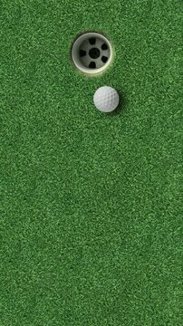 Vertical 4K golf hole background with ball inside hole on green grass putting surface alpha channel overlay ready for text graphics key visual